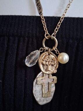 Gold-Tone Cross & Tree Charm Necklace with Pearl and Crystal